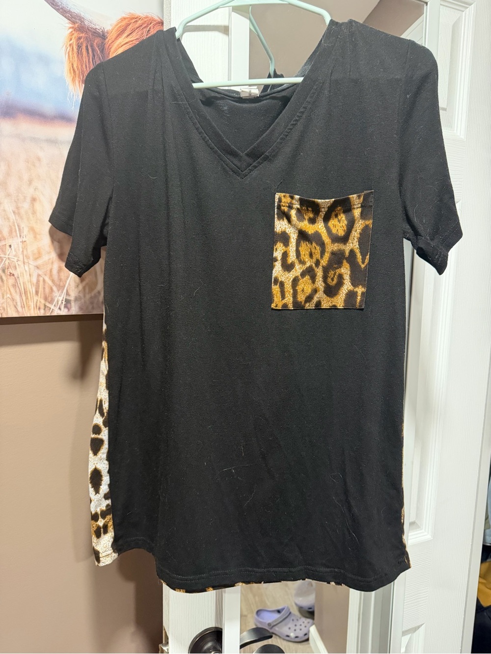 Women's Black V-Neck Top with Leopard Pocket and Leopard back